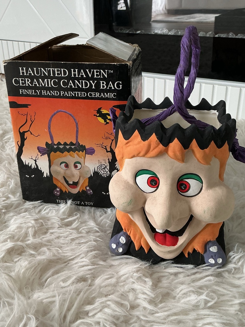 Vintage 1991 Haunted Haven Ceramic Witch Candy Bag Snaggle Tooth Halloween NIB